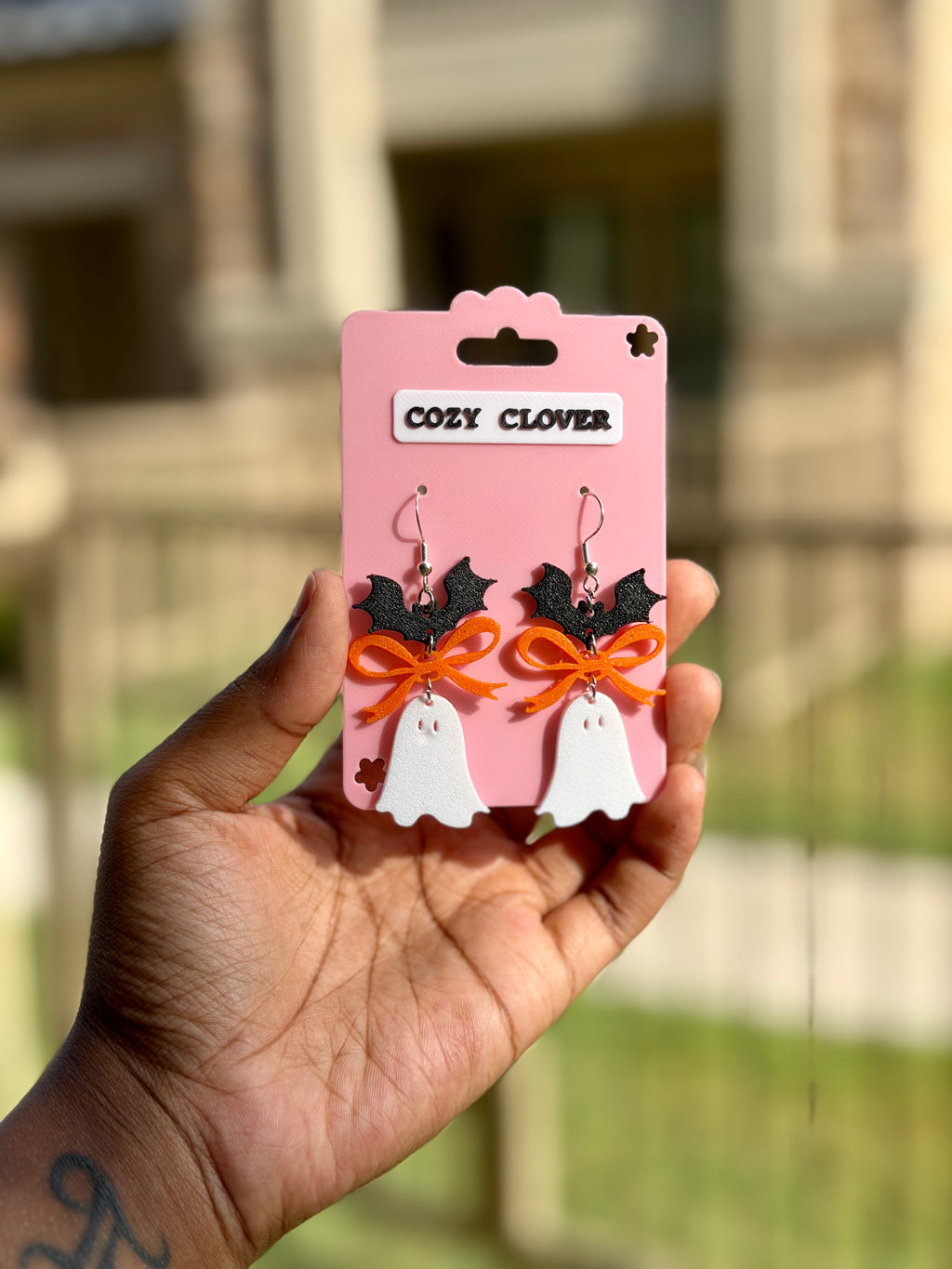 Bat Bow Ghost Dangle Earrings | 3D Printed Halloween Earrings