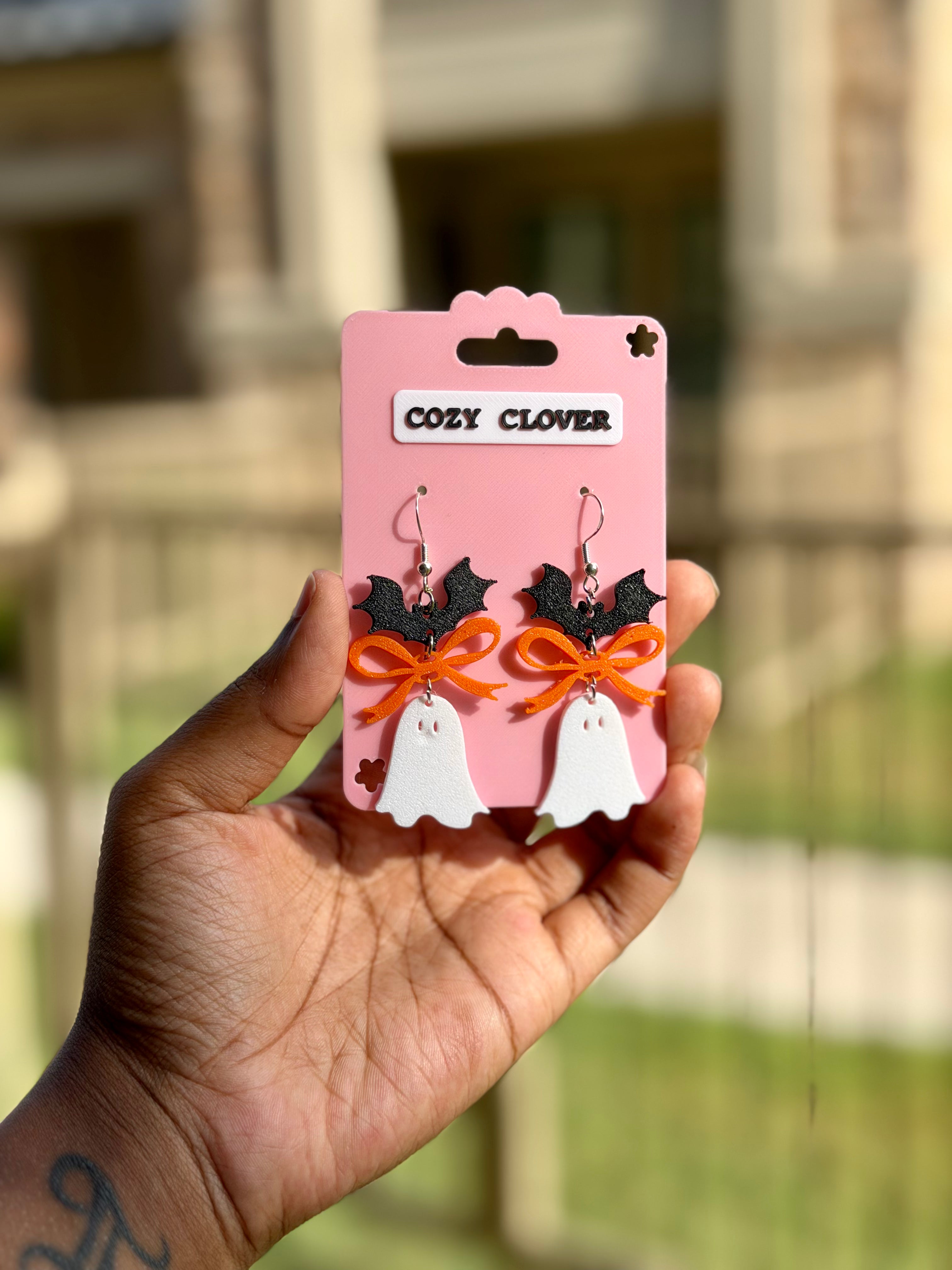 Bat Bow Ghost Dangle Earrings | 3D Printed Halloween Earrings